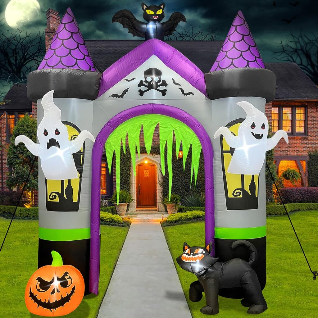10FT Halloween Inflatable Archway Castle Blow Up Yard Outdoor Decorations with LED Lights Outside Halloween Decorations Inflatable Ghost Haunted House for Lawn Party