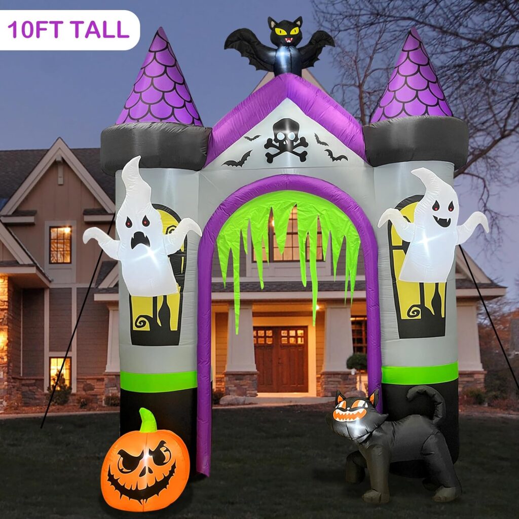 10FT Halloween Inflatable Archway Castle Blow Up Yard Outdoor Decorations with LED Lights Outside Halloween Decorations Inflatable Ghost Haunted House for Lawn Party