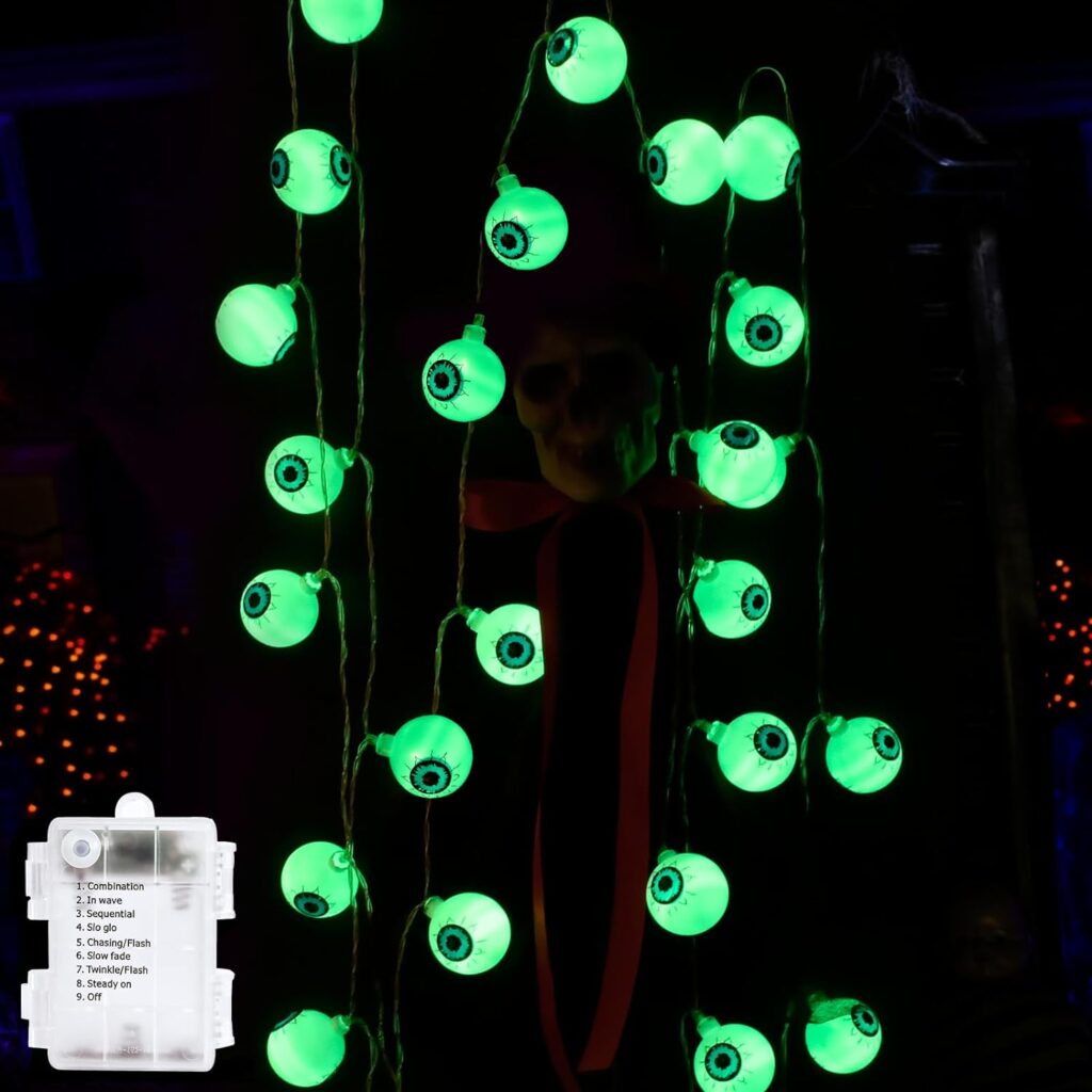 16.4FT 30 LED Halloween Decorations Eyeball String Lights Decor Clearance for Home-Battery Operated w/8 Modes Twinkle Green Lights for Indoor Outdoor Halloween Party Supplies Garden Yard Decoration