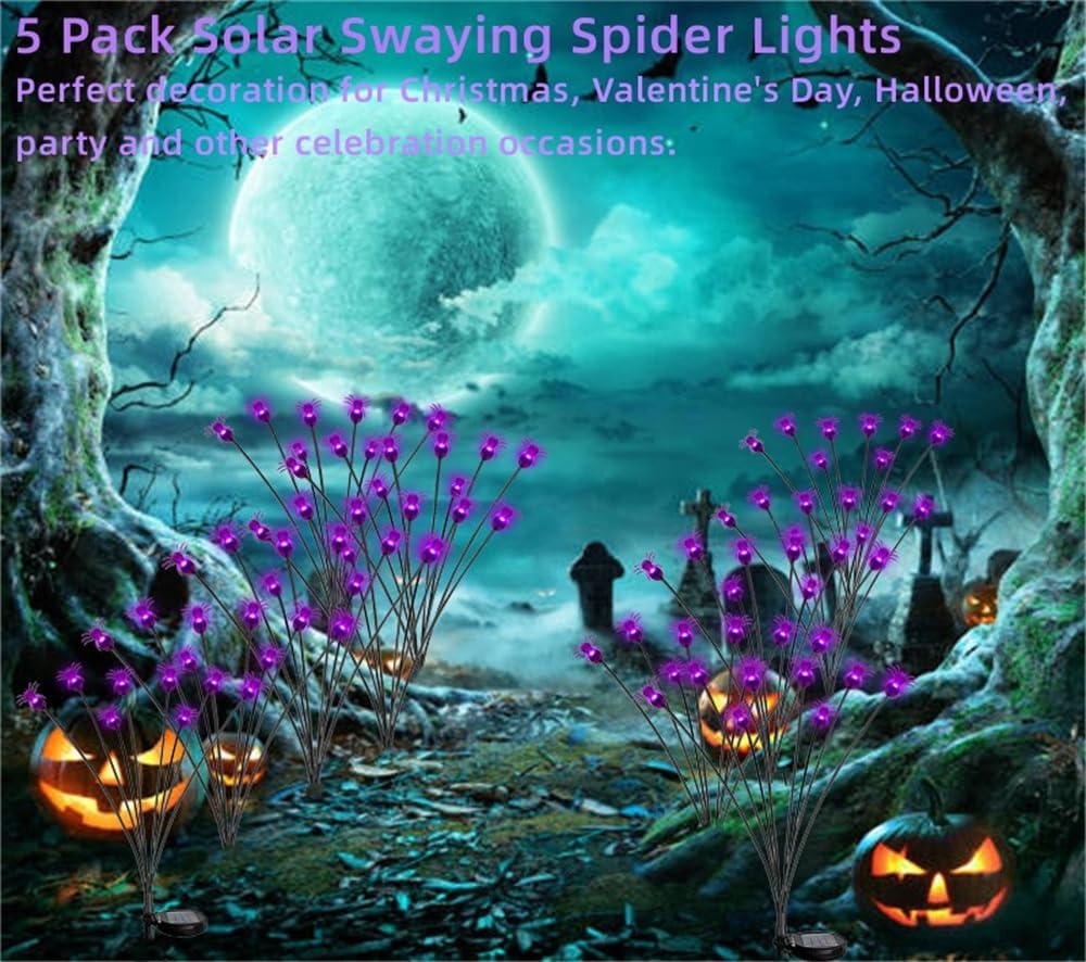5 Pack Halloween Spider Lights Solar Powered Outdoor Waterproof, Purple Solar Swaying Firefly Lights, 2 Modes 40-LED Solar Garden Lights, Halloween Decorative Stake Pathway Lights Firefly Lights