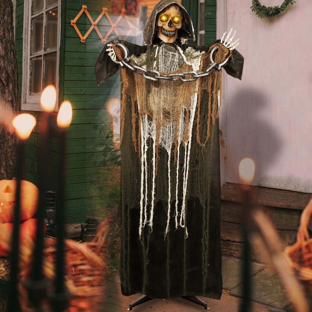 67 Halloween Animated Grim Reaper Decoration with Chain, Life Size Skeleton with Light-up Eyes Creepy Sound (Sound Activated) for Halloween Haunted House Prop Outdoor/Indoor Lawn Decorations