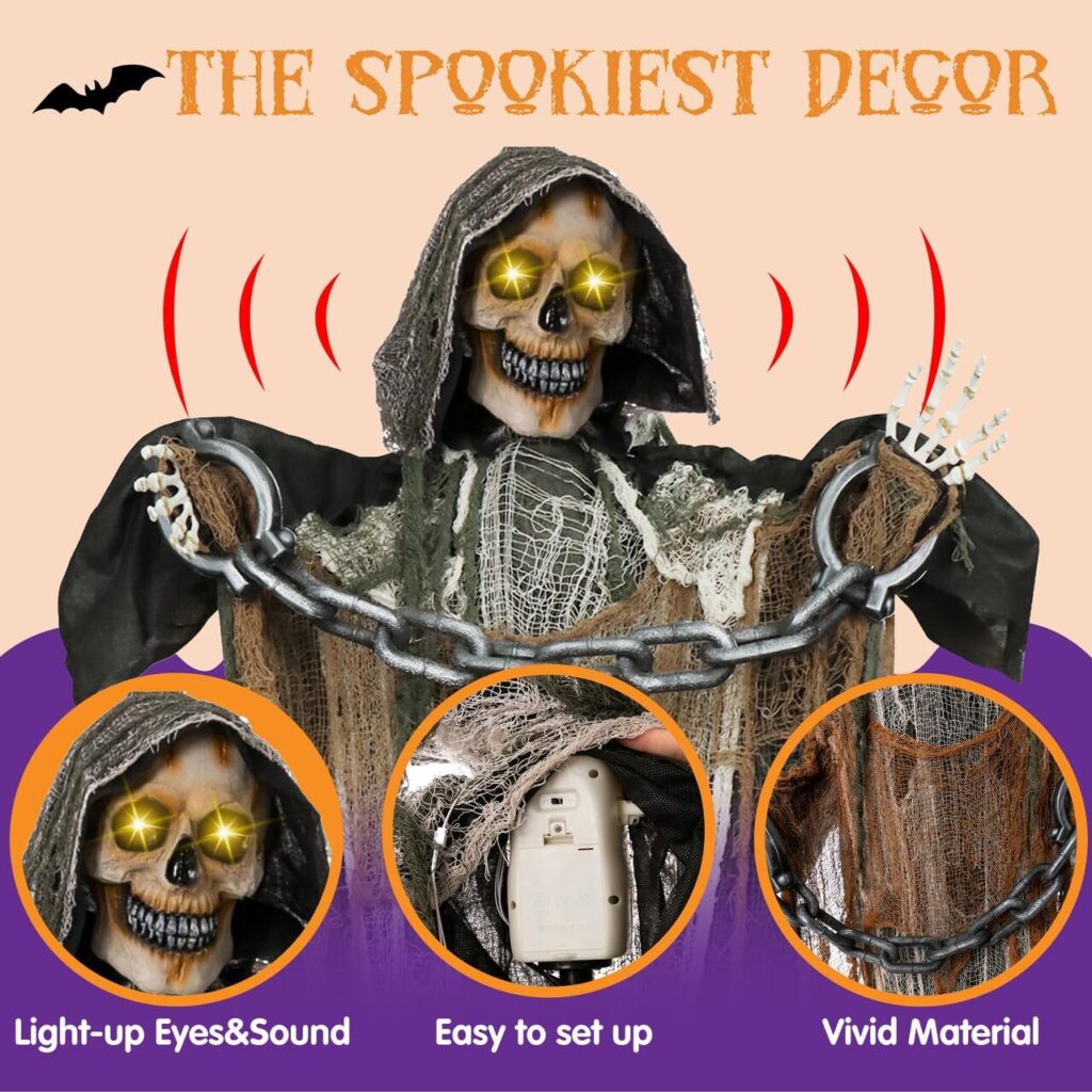 67 Halloween Animated Grim Reaper Decoration with Chain, Life Size Skeleton with Light-up Eyes Creepy Sound (Sound Activated) for Halloween Haunted House Prop Outdoor/Indoor Lawn Decorations