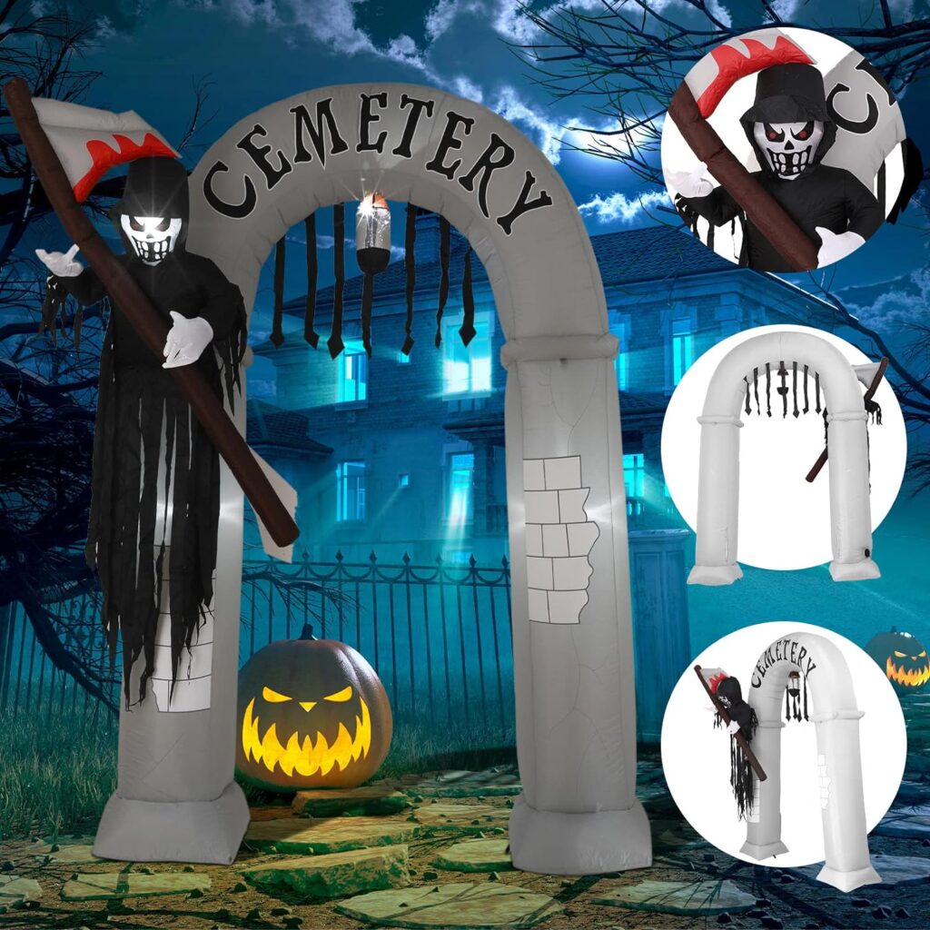 7.8 ft Jumbo Halloween Inflatable Archway with LED Lights Grim Reaper Cemetery Archway Blow up for Halloween Giant Lawn Party Home Yard Indoor and Outdoor Decorations
