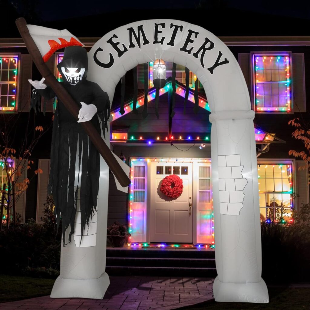 7.8 ft Jumbo Halloween Inflatable Archway with LED Lights Grim Reaper Cemetery Archway Blow up for Halloween Giant Lawn Party Home Yard Indoor and Outdoor Decorations