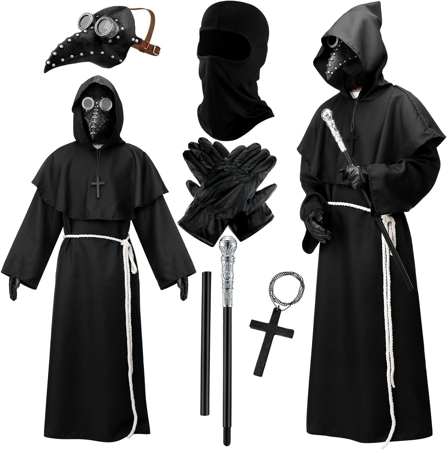8 Pcs Plague Doctor Mask Costumes Set Balaclava Face Mask, Beak Ghost Mask, Monk Robe, Black Cane, White Rope, Hooded Cloak, Gloves and Cross Necklace for Halloween Cosplay