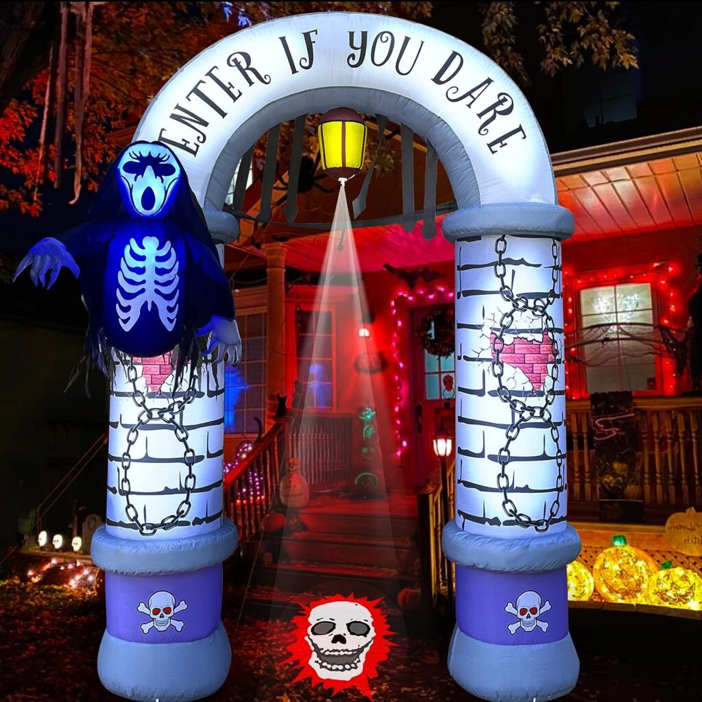 9.5 FT Halloween Inflatables Archway with Ghost and Build-in LEDs, Blow Up Yard Decorations, Spooky Face Scary Halloween Party Decorations Outdoor Inflatable for Graveyard, Garden, and Lawn