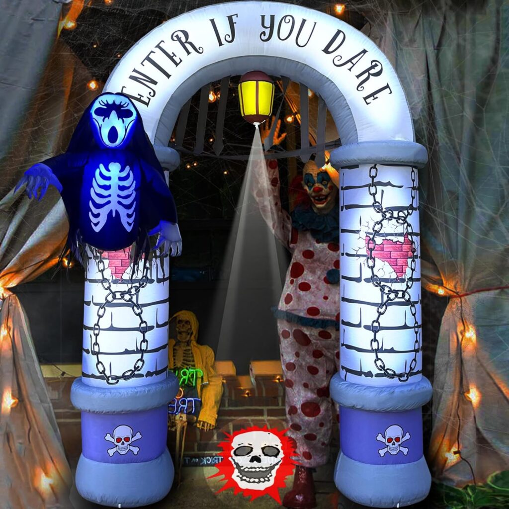 9.5 FT Halloween Inflatables Archway with Ghost and Build-in LEDs, Blow Up Yard Decorations, Spooky Face Scary Halloween Party Decorations Outdoor Inflatable for Graveyard, Garden, and Lawn