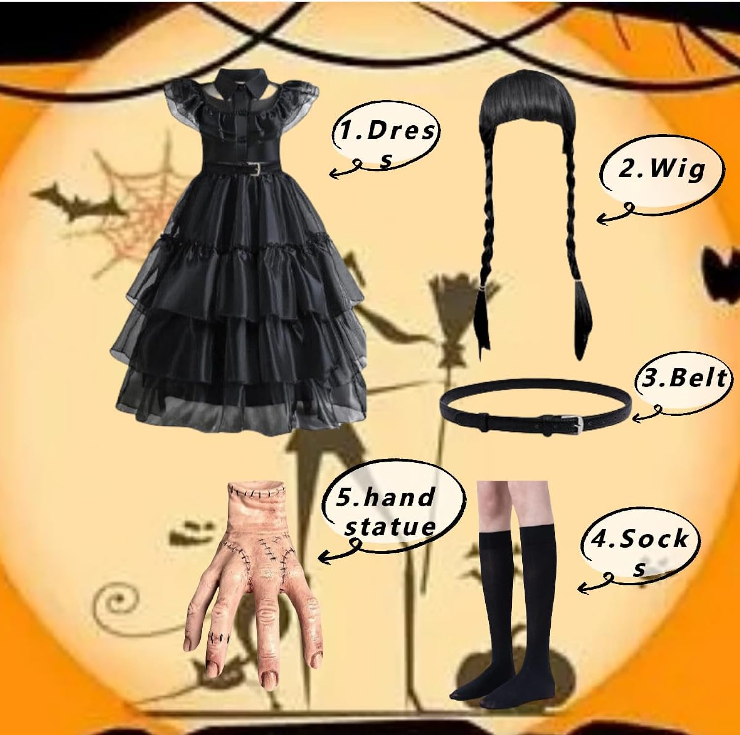 Addams Costume Dress for Girls | Kids Addams Dress with BeltThing Hand Props | Halloween Costume Cosplay Party