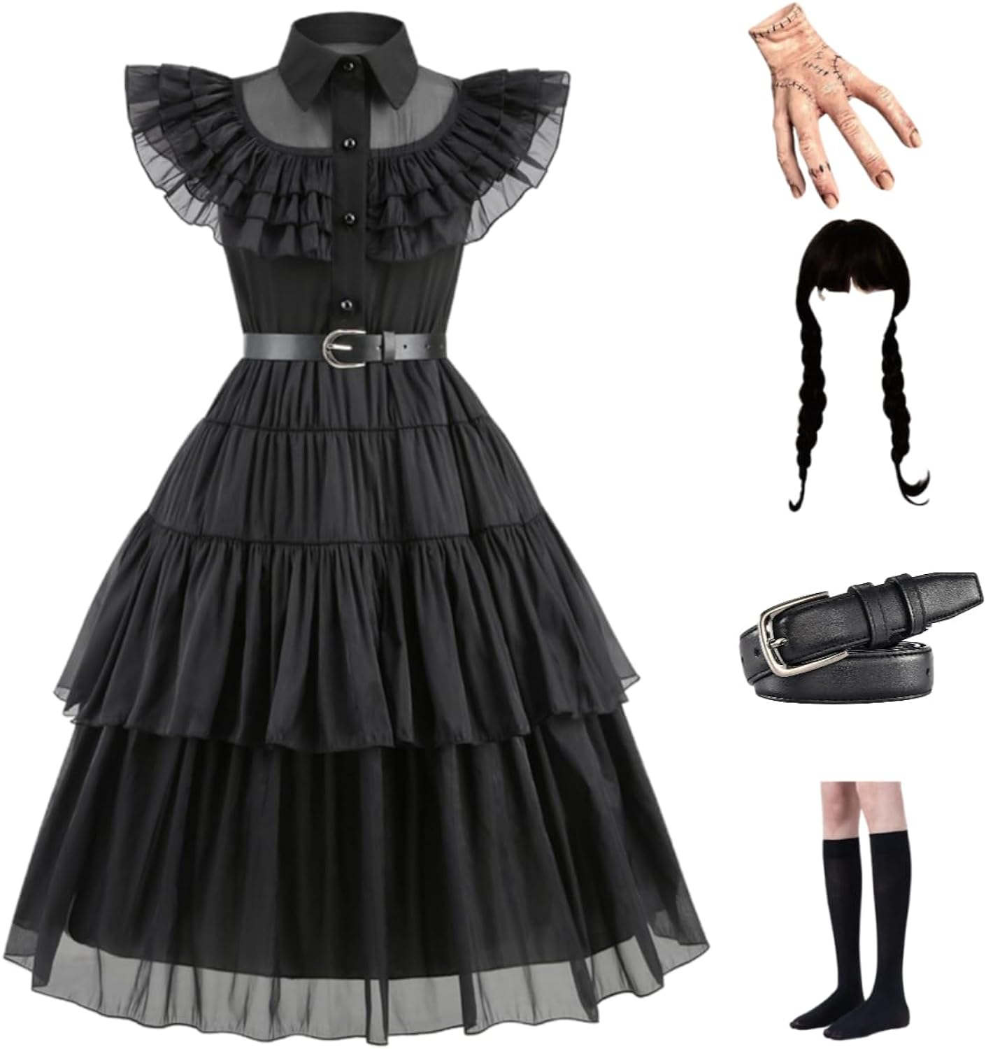 Addams Costume Dress for Girls | Kids Addams Dress with BeltThing Hand Props | Halloween Costume Cosplay Party