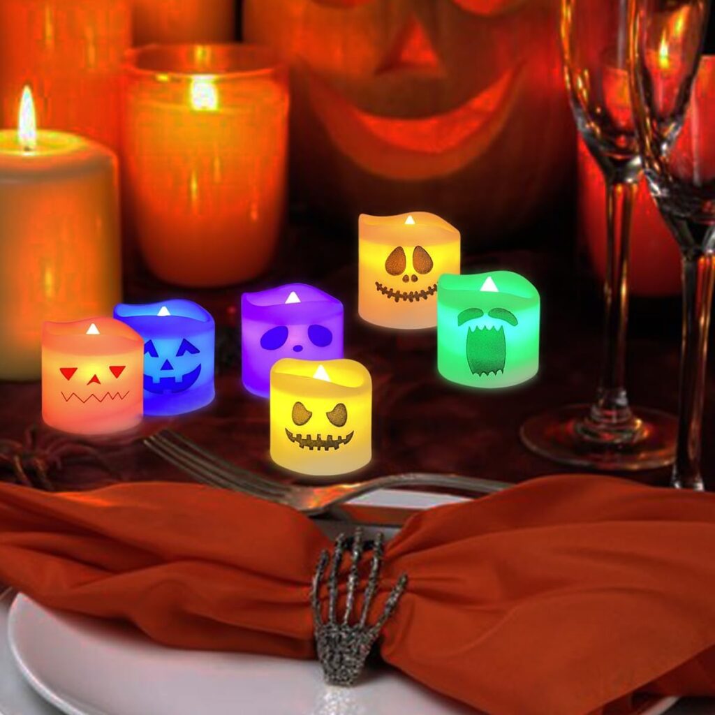 Anditoy 12 Pack Halloween Flameless Candles Battery Operated LED Colorful Tealights for Indoor Halloween Decorations Home Halloween Decor