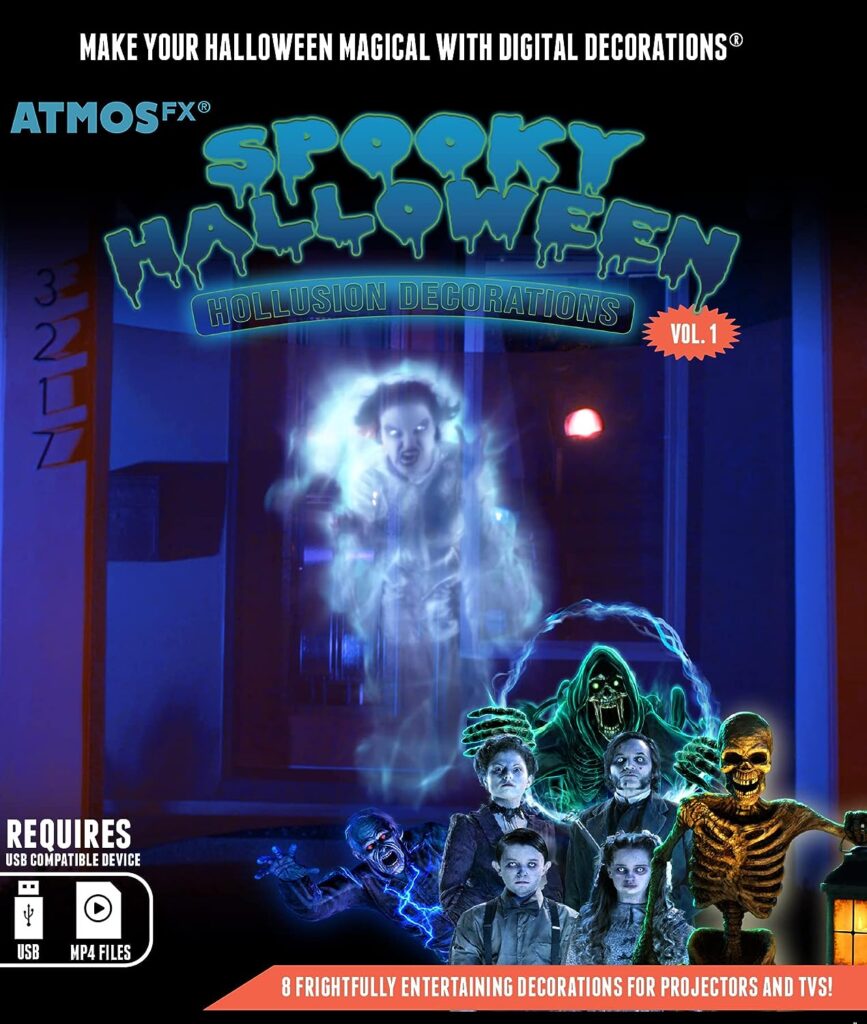AtmosFX® Spooky Halloween Hollusion Digital Decoration Kit Includes 8 AtmosFX® Video Effects for Halloween Plus 5.5 x 9 Holographic Projection Screen