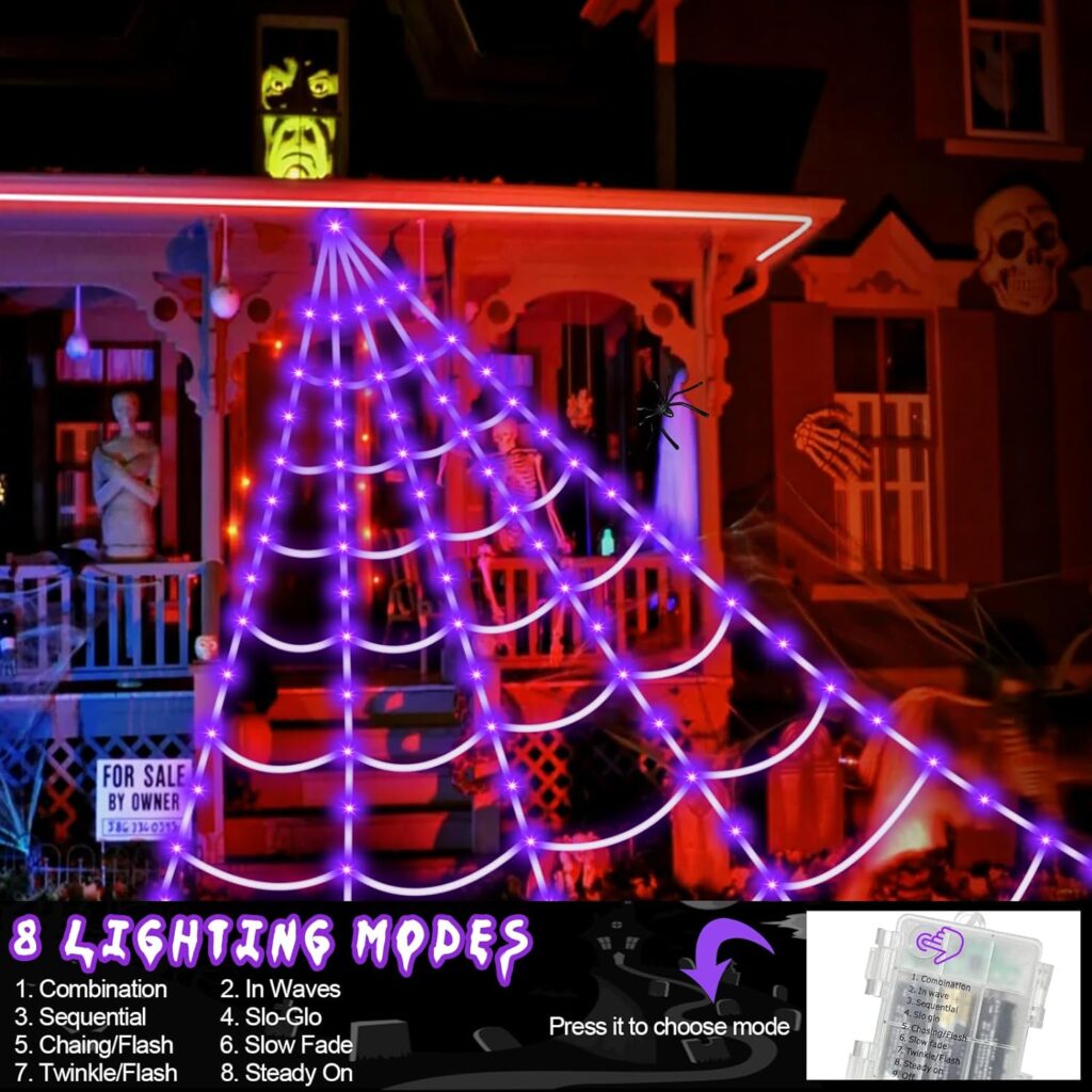 Brighter Spider Webs Halloween Decorations Lights,2023 Upgrade 250 Purple LED Light Up,8 Modes 16.4Ft Giant Spiderweb with Remote Control,Halloween Decor for Yard Outside