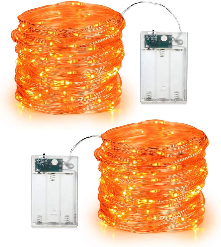 BrizLabs Orange Halloween Lights, 19.47ft 60 LED Orange Fairy Lights String, 2 Modes Battery Halloween String Lights, Indoor Silver Wire Twinkle Lights for Halloween Themed Party Carnival Decorations