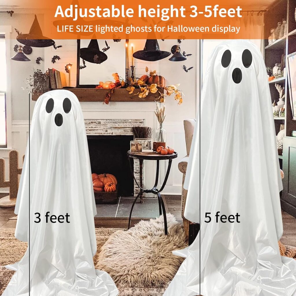 BUTTOOLS Halloween Decorations Indoor Outdoor-DIY 2PCS Large Lighted White Cloth Ghosts-Cute Ghosts with 20 LED String Lights-Light Up Holiday Party Home Porch Yard Decorations