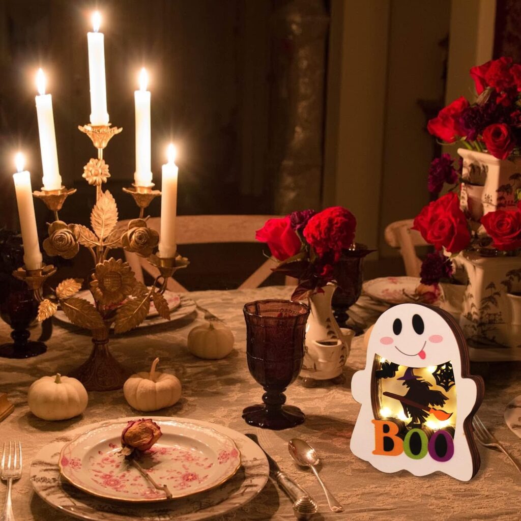 CCINEE 2pcs Halloween Lighted Wooden Table Decoration, Ghost Pumpkin Tabletop Centerpieces LED Boo Spooky Sign for Trick or Treat Halloween Party Dinner Coffee Table Topper Tier Tray Room Decor