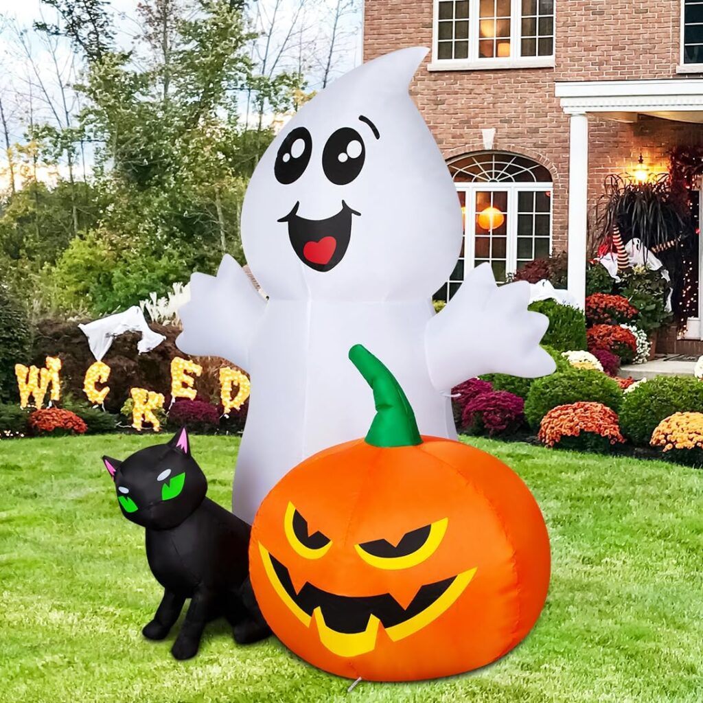 COMIN Halloween Inflatable 5FT Ghost with Black Cat and Pumpkin, Built-in LEDs Blow Up Yard Decoration for Party Outdoor Yard Garden Lawn