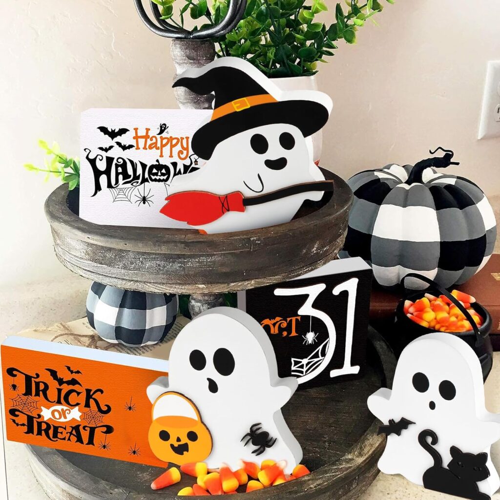Cute Ghost Halloween Decorations Indoor, Wooden Tiered Tray Decor Table Sign, Black Cat Bat Witch Broom Signs Pumpkin Blocks for Party Home Shelf Display (Set of 3)