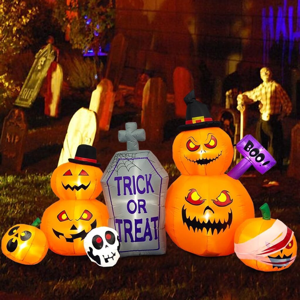 Danxilu 8 FT Long Halloween Inflatables Outdoor Decorations- Blow Up Pumpkin Lanterns with Tombstone Skulls Halloween Yard Decorations Built-in LED Lights Décor for Lawn Garden Holiday Party