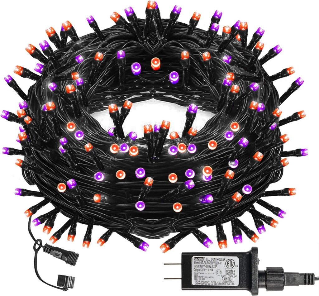 DAZZLE BRIGHT Halloween 300 LED String Lights, 100FT String Lights with 8 Lighting Modes, Halloween Decorations for Party Carnival Supplies, Outdoor Yard Garden Decor (Purple  Orange)