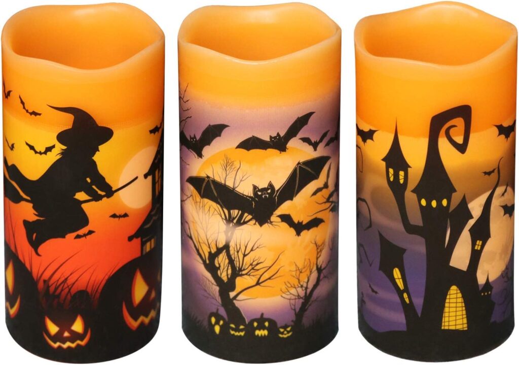 DRomance Flameless Flickering Candles Battery Operated with 6 Hour Timer, Set of 3 Real Wax LED Pillar Candles Warm Light with Castle, Witch, Bats Decal Halloween Decor Candles for Kids(D3 x H6)