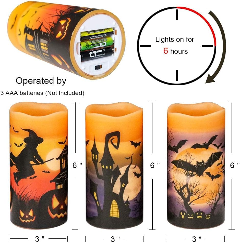 DRomance Flameless Flickering Candles Battery Operated with 6 Hour Timer, Set of 3 Real Wax LED Pillar Candles Warm Light with Castle, Witch, Bats Decal Halloween Decor Candles for Kids(D3 x H6)