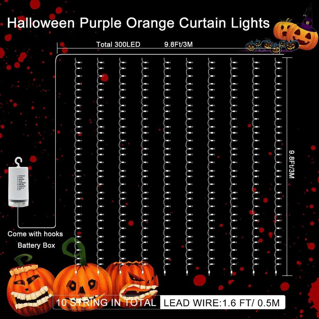 echosari Purple Orange Halloween Curtain Lights Battery Operated, 300 LED Fairy Curtain Lights 9.8Ft x 9.8Ft Hanging Lights with Remote Timer for Party Holiday Garden Yard Decor