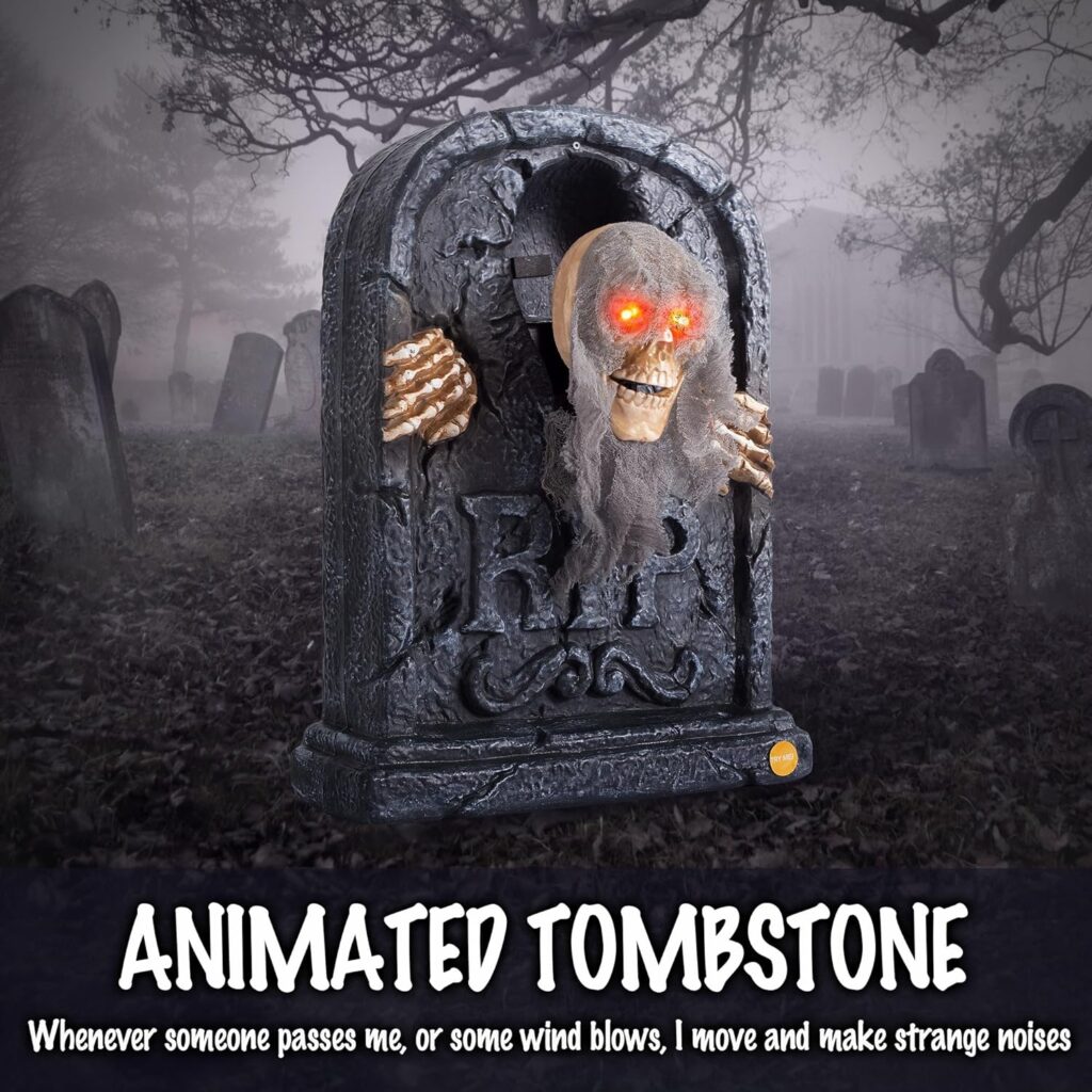 ELAMAS Halloween Animatronics Zombie Tombstone - Animated Skeleton Decorations with Sound Activated, Creepy Voice, Spooky Skull head, Light Up Eyes, Scary Motion Haunted Horror Prop for Indoor/Outdoor
