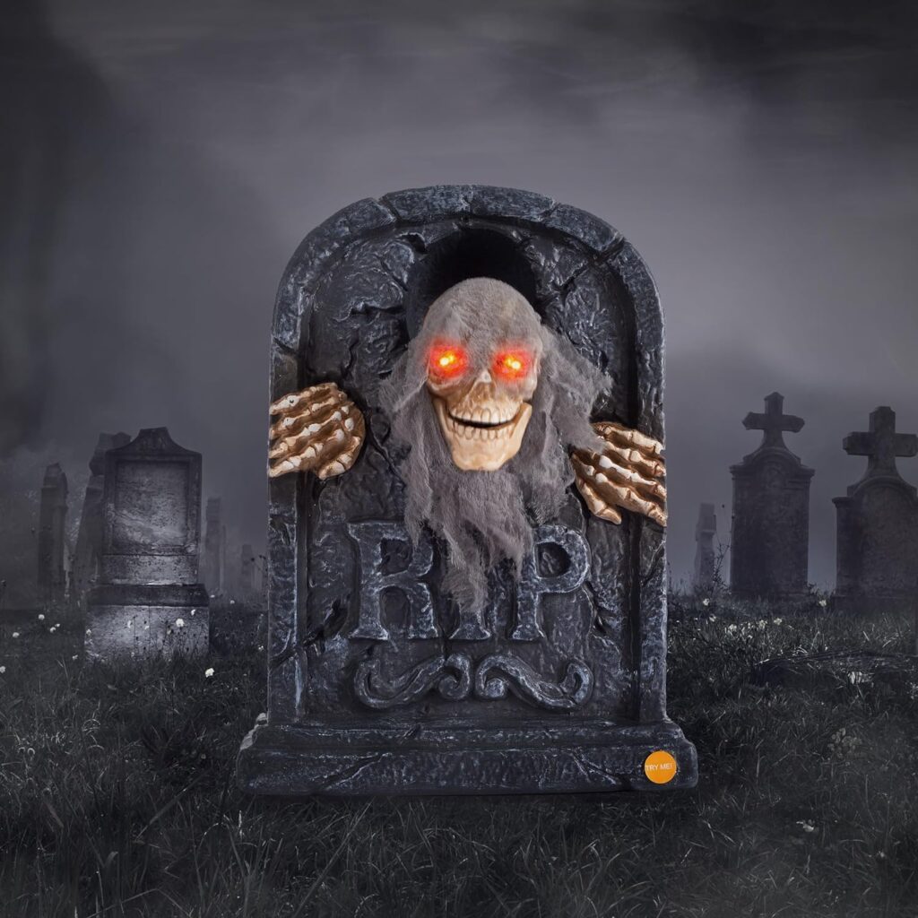 ELAMAS Halloween Animatronics Zombie Tombstone - Animated Skeleton Decorations with Sound Activated, Creepy Voice, Spooky Skull head, Light Up Eyes, Scary Motion Haunted Horror Prop for Indoor/Outdoor