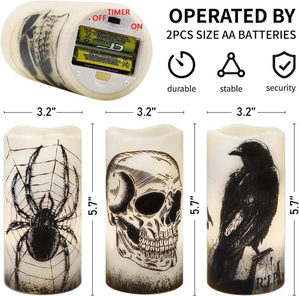 Flameless Halloween Candles Battery Operated Halloween Decorations Indoor Halloween Decor Halloween Led Candles Flickering Real Wax Halloween Pillar Candles Skull, Spider Web, Crow Raven Decals Set of