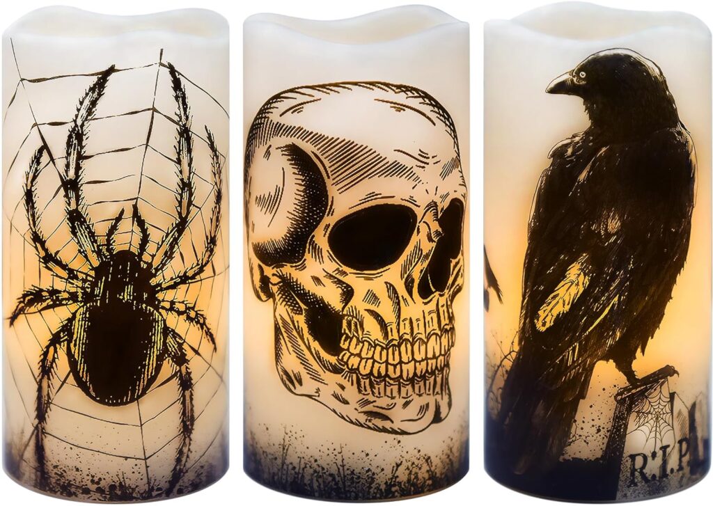 Flameless Halloween Candles Battery Operated Halloween Decorations Indoor Halloween Decor Halloween Led Candles Flickering Real Wax Halloween Pillar Candles Skull, Spider Web, Crow Raven Decals Set of