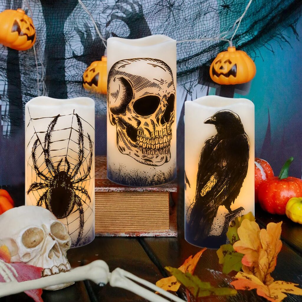 Flameless Halloween Candles Battery Operated Halloween Decorations Indoor Halloween Decor Halloween Led Candles Flickering Real Wax Halloween Pillar Candles Skull, Spider Web, Crow Raven Decals Set of