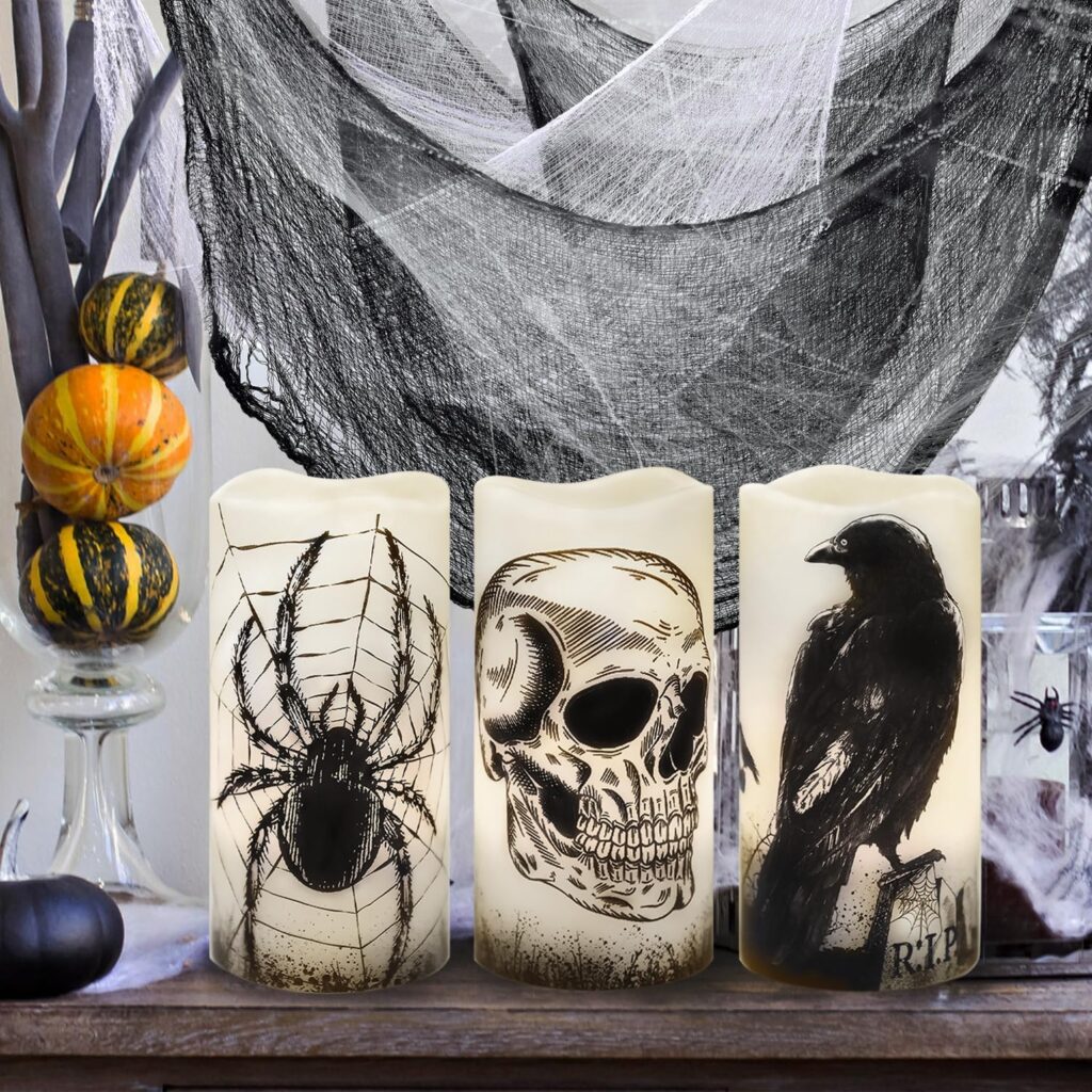 Flameless Halloween Candles Battery Operated Halloween Decorations Indoor Halloween Decor Halloween Led Candles Flickering Real Wax Halloween Pillar Candles Skull, Spider Web, Crow Raven Decals Set of