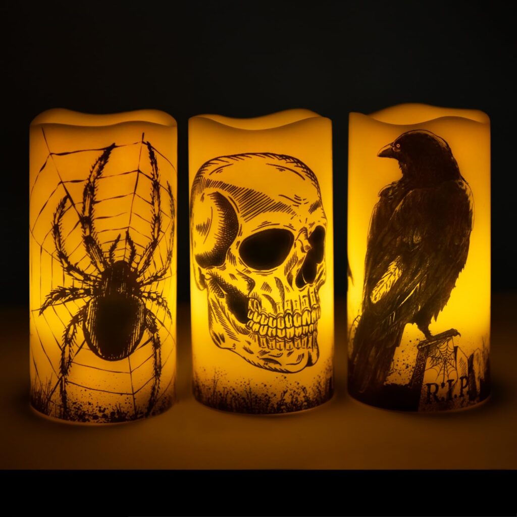 Flameless Halloween Candles Battery Operated Halloween Decorations Indoor Halloween Decor Halloween Led Candles Flickering Real Wax Halloween Pillar Candles Skull, Spider Web, Crow Raven Decals Set of