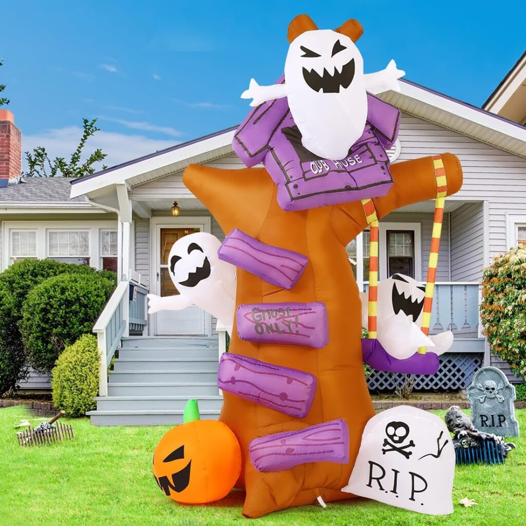 GOOSH 8 FT Height Halloween Inflatables Outdoor Ghost Tree with Ghost Pumpkin Tombstone, Blow Up Yard Decoration with LED Lights Built-in for Holiday/Halloween/Party/Yard/Garden