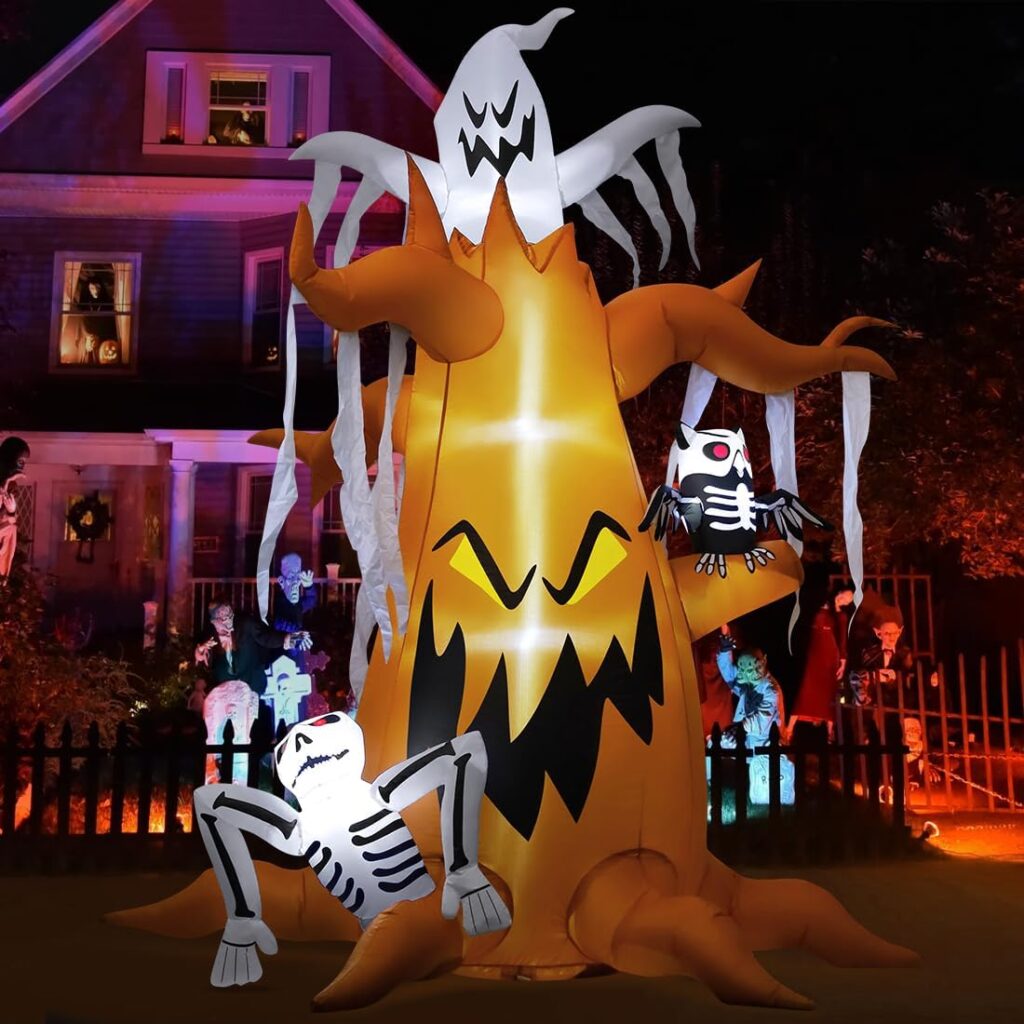 GOOSH 8.3 FT Height Halloween Inflatables Scary Dead Tree with White Ghost and Owl, Blow Up Ghost Tree Yard Decoration with LED Lights Built-in for Holiday/Party/Yard/Garden
