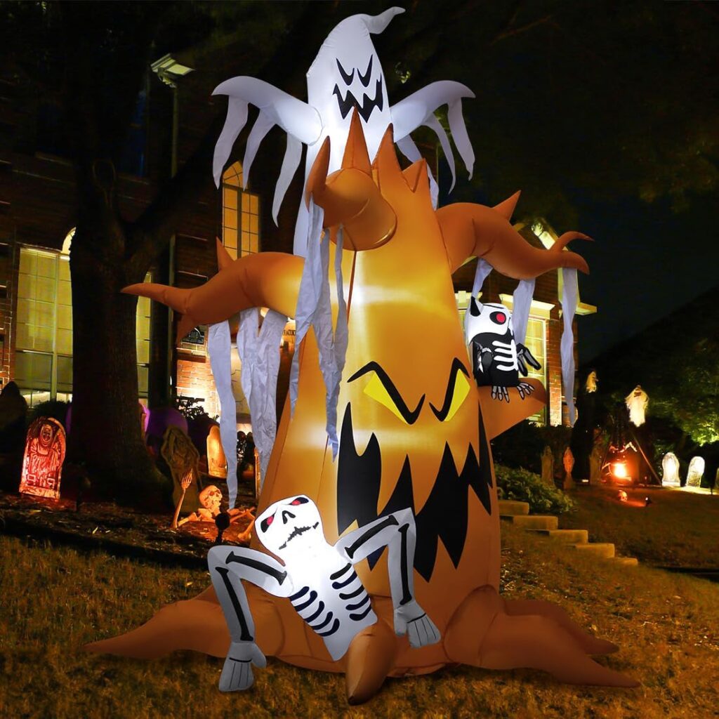 GOOSH 8.3 FT Height Halloween Inflatables Scary Dead Tree with White Ghost and Owl, Blow Up Ghost Tree Yard Decoration with LED Lights Built-in for Holiday/Party/Yard/Garden
