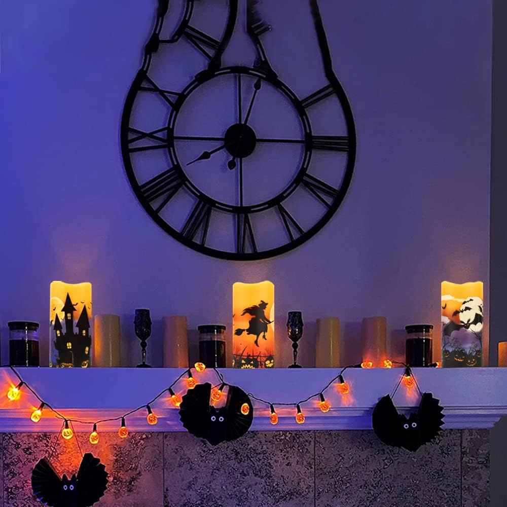 Halloween Candles Battery Operated Halloween Flameless Candles, Halloween Decorations Indoor Halloween Decor Real Wax LED Pillar Candles with 6 Hour Timer, Castle, Witch, Bats Decal