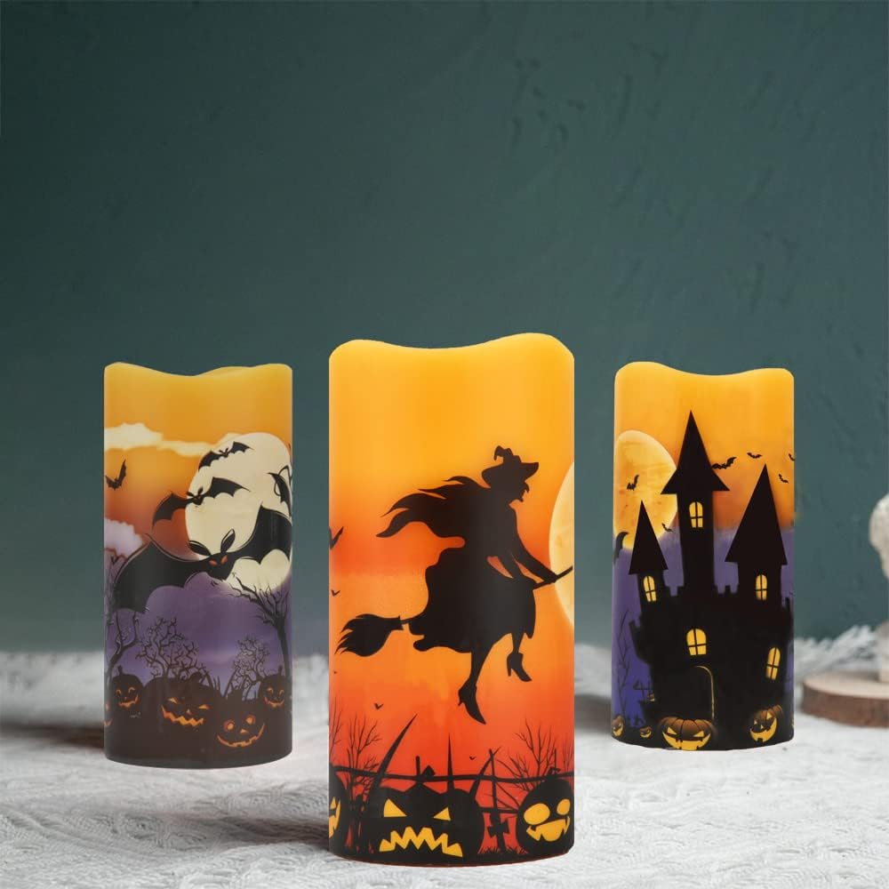 Halloween Candles Battery Operated Halloween Flameless Candles, Halloween Decorations Indoor Halloween Decor Real Wax LED Pillar Candles with 6 Hour Timer, Castle, Witch, Bats Decal