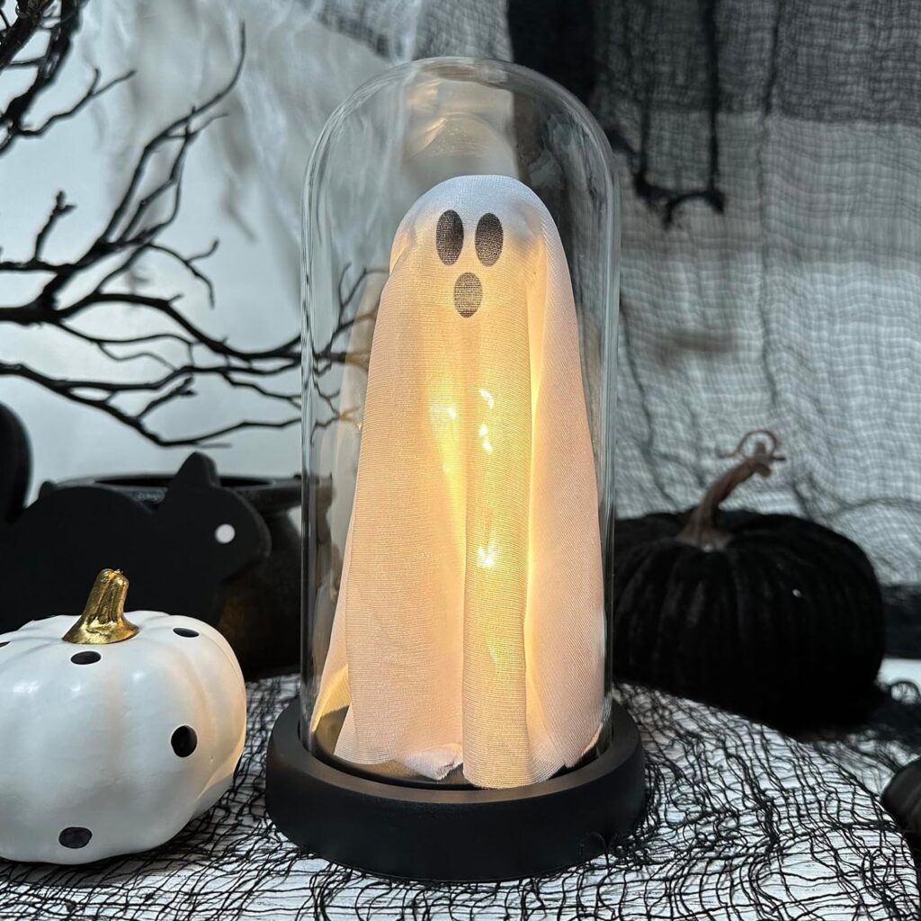 Halloween Decor-Halloween Decorations Indoor-Light Up Ghost in Glass Cloche-Cute Ghost with Light for Home Kitchen Fireplace Tabletop Party Decor and Holiday Decorations