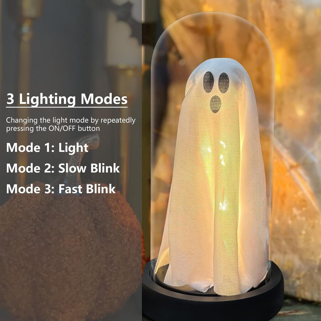 Halloween Decor-Halloween Decorations Indoor-Light Up Ghost in Glass Cloche-Cute Ghost with Light for Home Kitchen Fireplace Tabletop Party Decor and Holiday Decorations