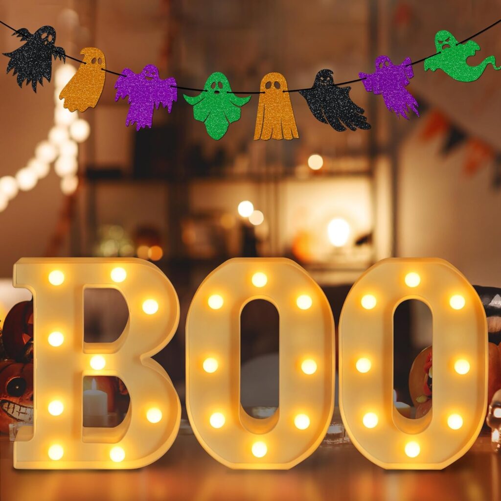 Halloween Decorations Indoor - Led Marquee Light up Letters “Boo” Lights + Ghost Banner for Home Kitchen Fireplace Party Table Decor Supplies (Batteries Not Included)