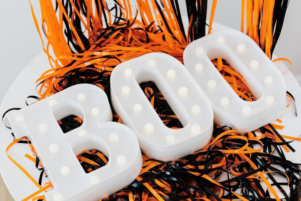 Halloween Decorations Indoor - Led Marquee Light up Letters “Boo” Lights + Ghost Banner for Home Kitchen Fireplace Party Table Decor Supplies (Batteries Not Included)