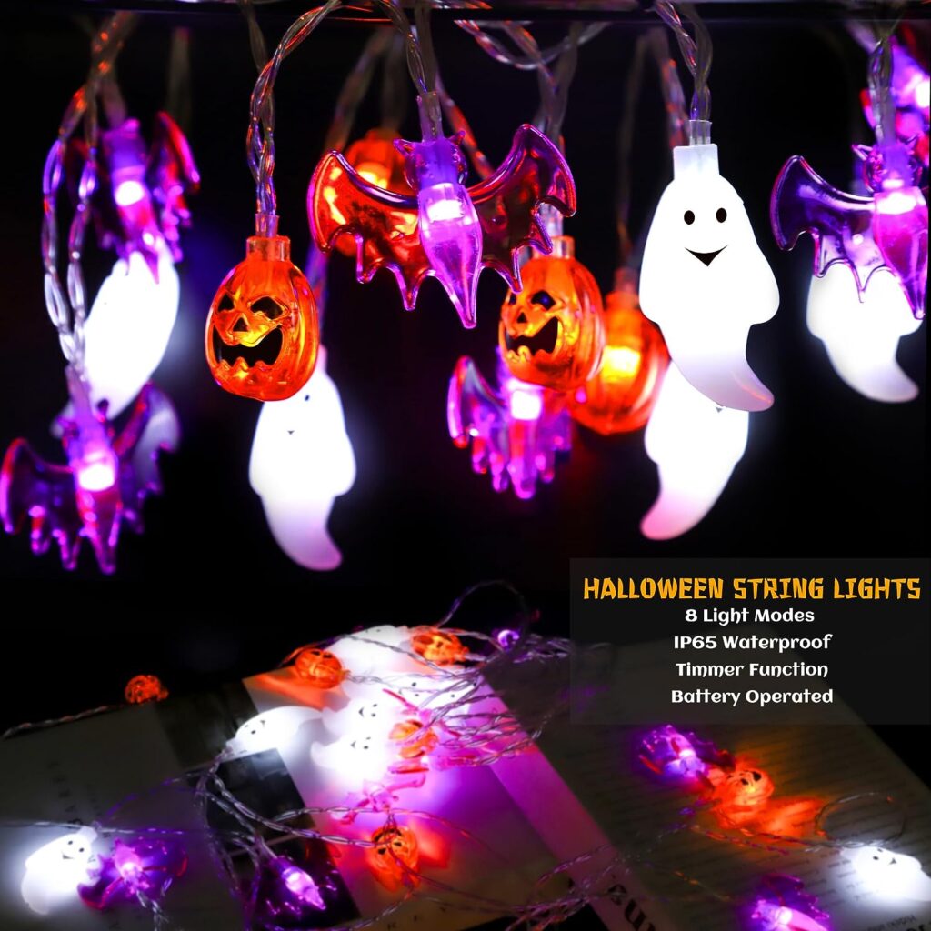 Halloween Lights 20FT 30 LED, 3D Pumpkin Bat Ghost Halloween String Lights Battery Operated with Timer, 8 Lighting Modes Waterproof Halloween Decorations Indoor Outdoor Home Party Decor