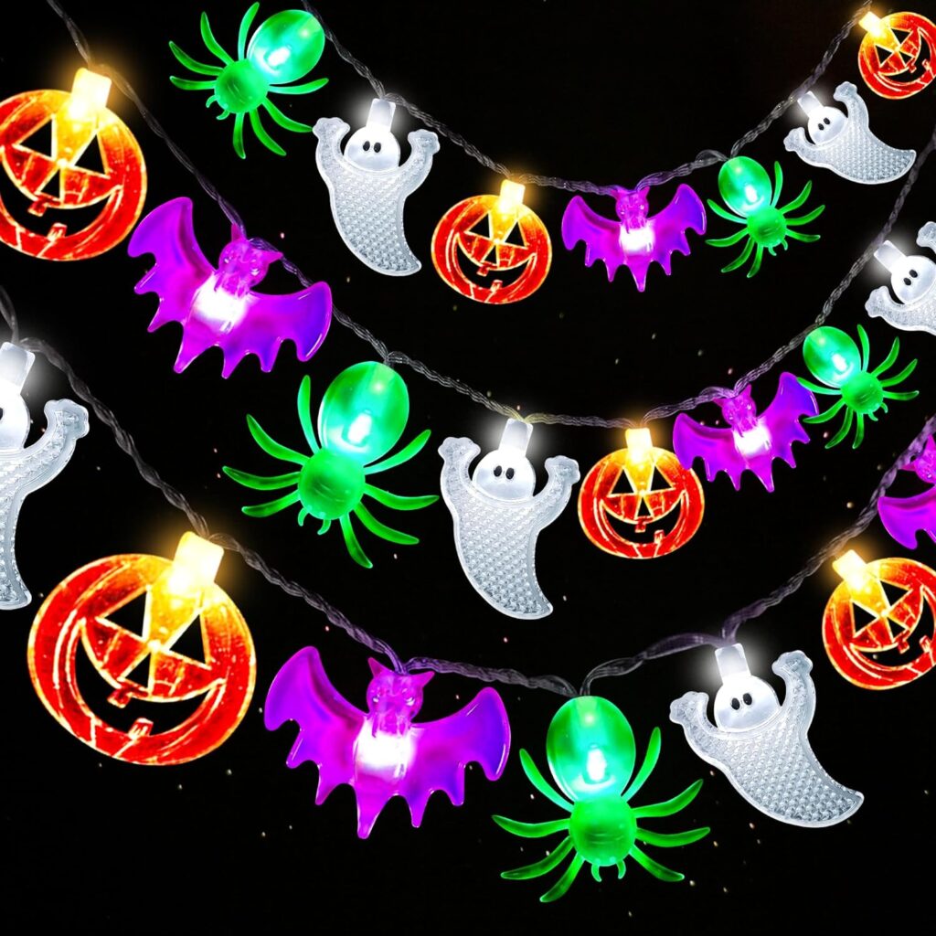Halloween Lights 20FT 40 LED Pumpkin Bat Spider Ghost Halloween String Lights Battery Operated with Timer, 8 Light Mode Waterproof Indoor Outdoor Halloween Decorations Light Home Yard Window Decor