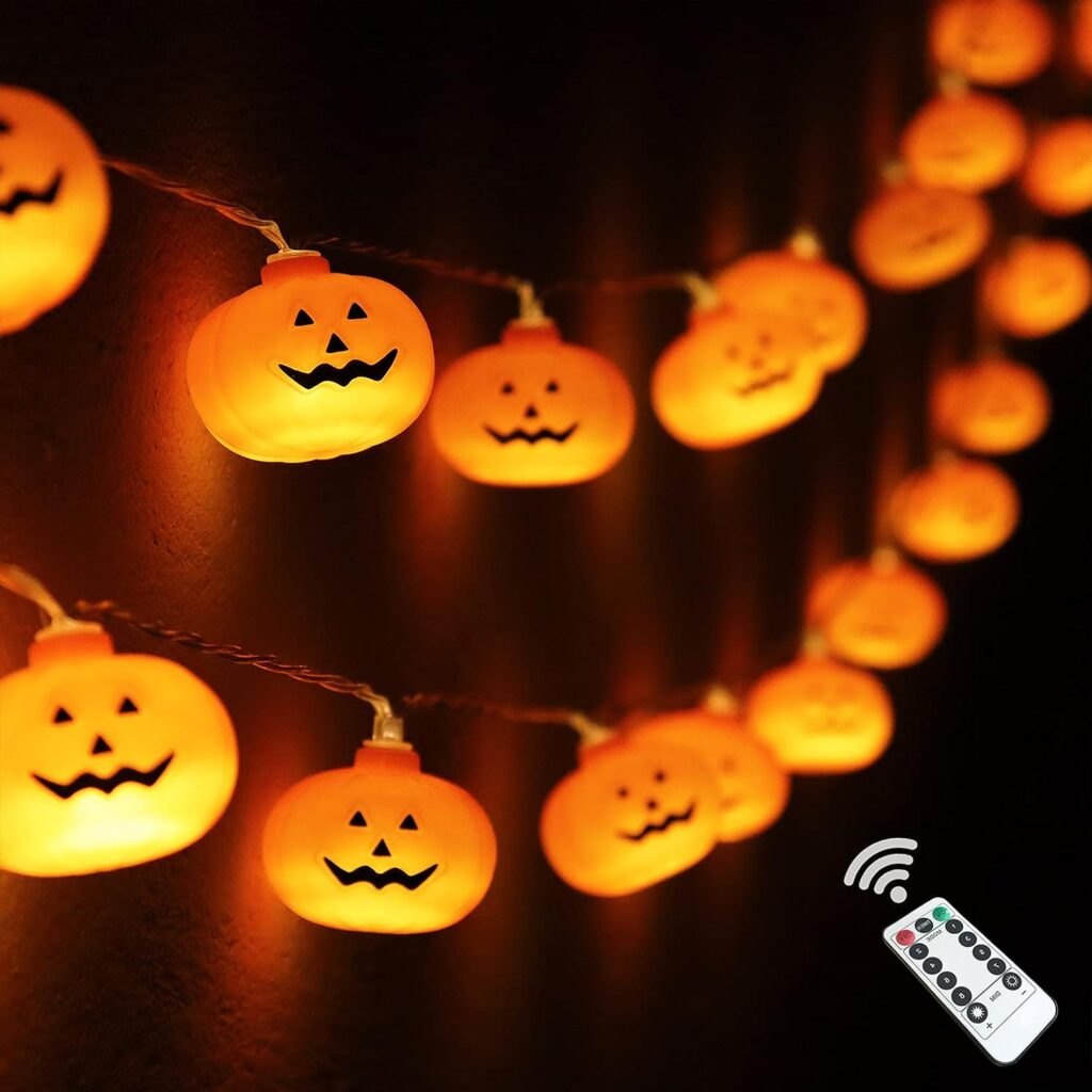 Halloween Pumpkin String Lights, 30 LED 16.4ft 8 Modes Timer 3D Waterproof Orange Jack-O-Lantern Battery Operated Decorative Twinkle Lights for Indoor Outdoor Bedroom Camper Decor Party Decorations