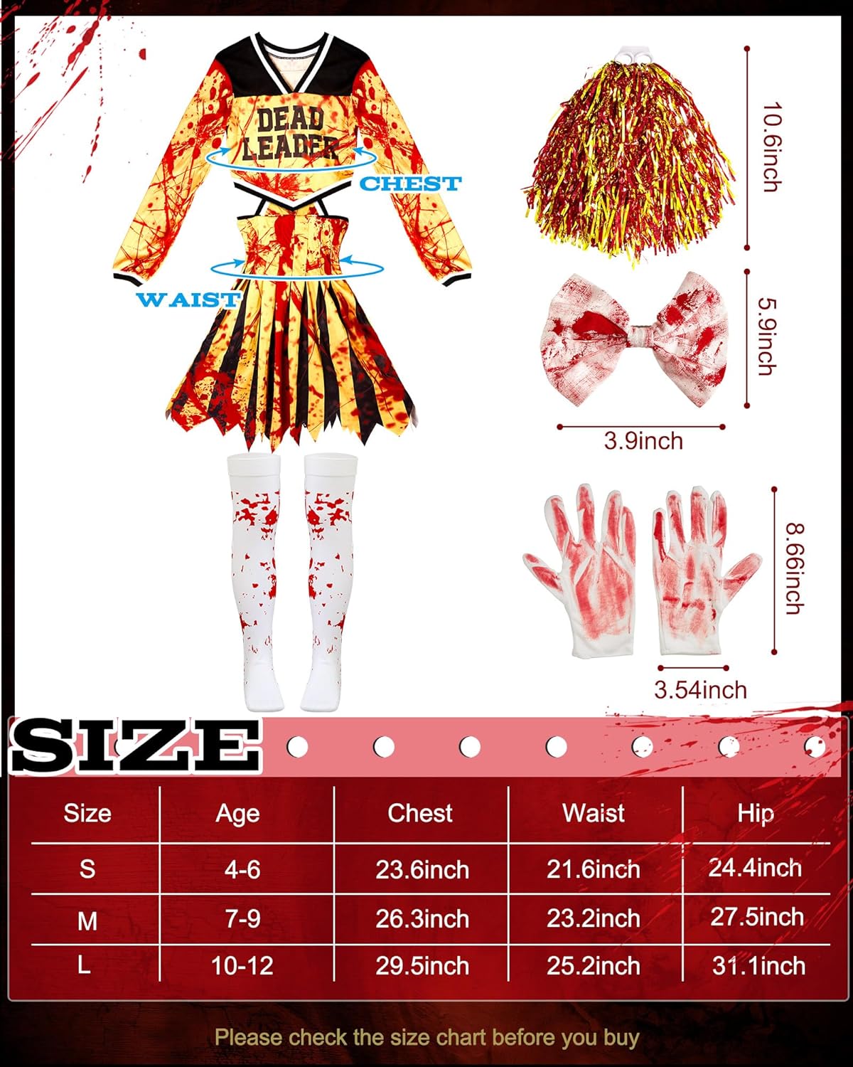 Halloween Zombie Cheerleader Costume for Girls Cheerless Halloween Costume Socks Gloves Pompoms Bow Cosplay