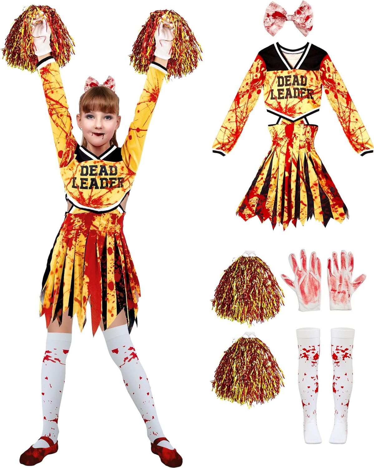 Halloween Zombie Cheerleader Costume for Girls Cheerless Halloween Costume Socks Gloves Pompoms Bow Cosplay