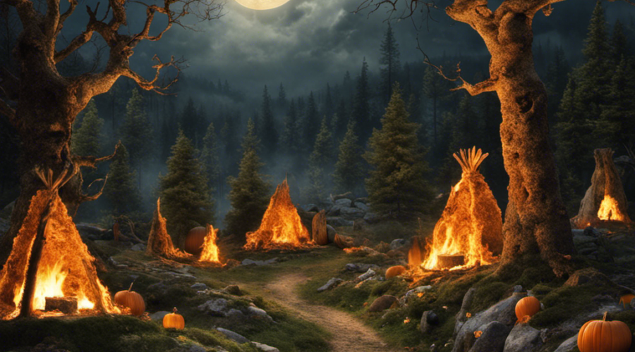 an image depicting a moonlit forest adorned with ancient stone circles, where a bonfire illuminates a gathering of costumed revelers