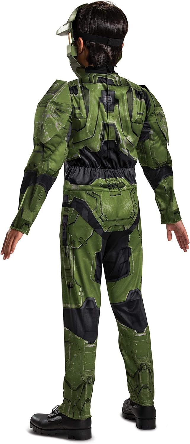 Halo Infinite Master Chief Costume, Kids Size Muscle Padded Video Game Inspired Character Jumpsuit