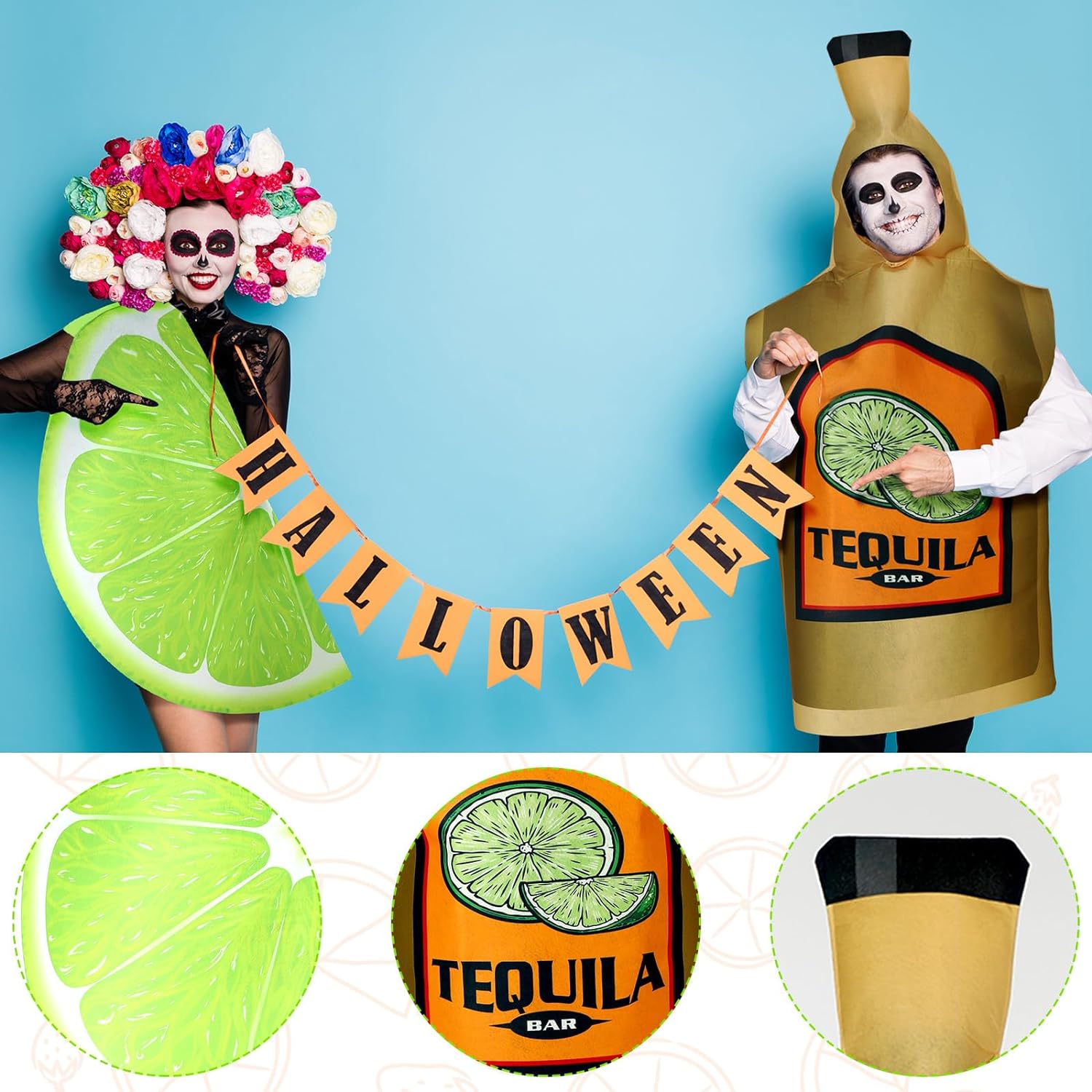 HooLing 2 Pcs Couples Halloween Costumes for Adults Tequila Bottle and Lime Slice Couples Costume Drink Suit Outfits